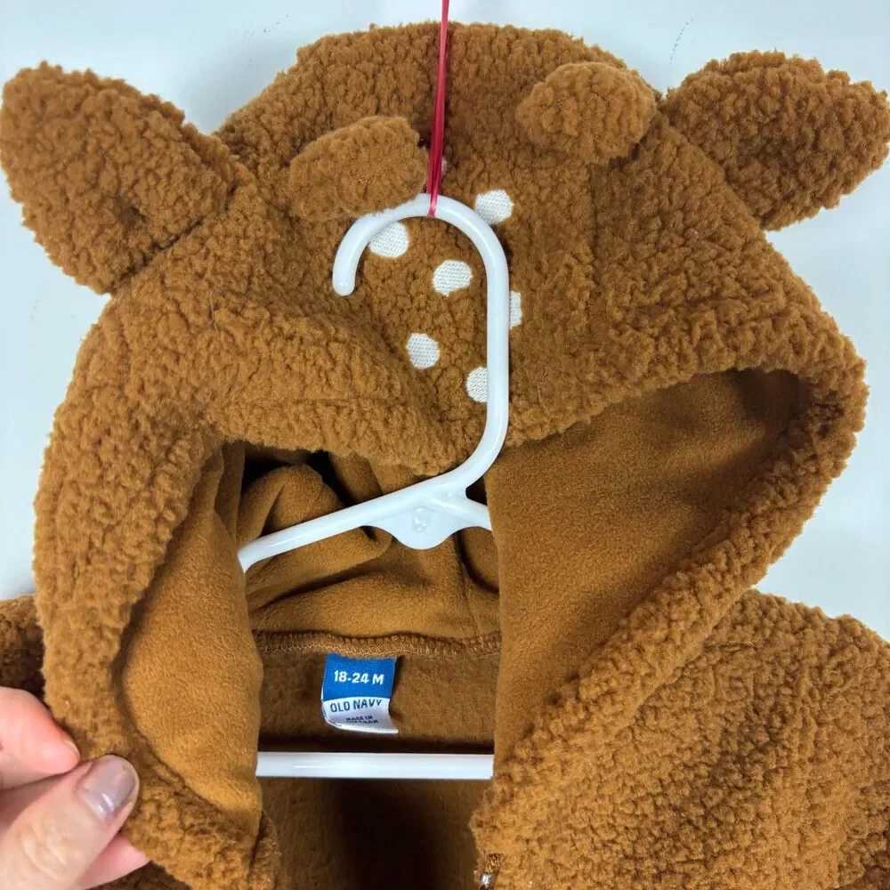 NWT Old Navy Sherpa Deer Hood One-Piece Bunting Brown Boy Girl Baby 18-24 Months